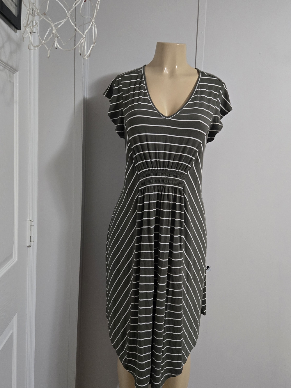 Isabel Maternity by Ingrid & Isabel Olive and White Striped V-Neck Midi Dress